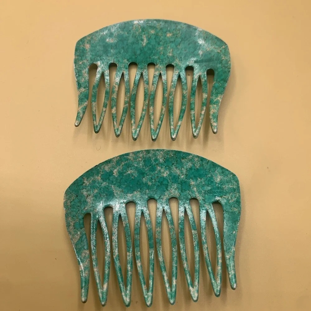 Vintage French Hair Comb Pair Teal  Marbled Multi Tone Style Made In France